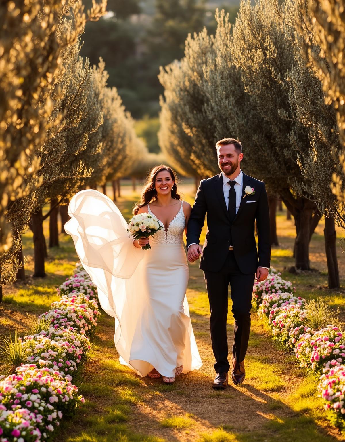 Couple walking through an olive grove
